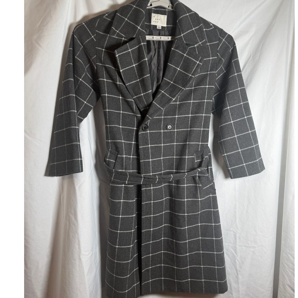 A New Day Plaid Long Coat Large Gray Windowpane Belted Double Breasted